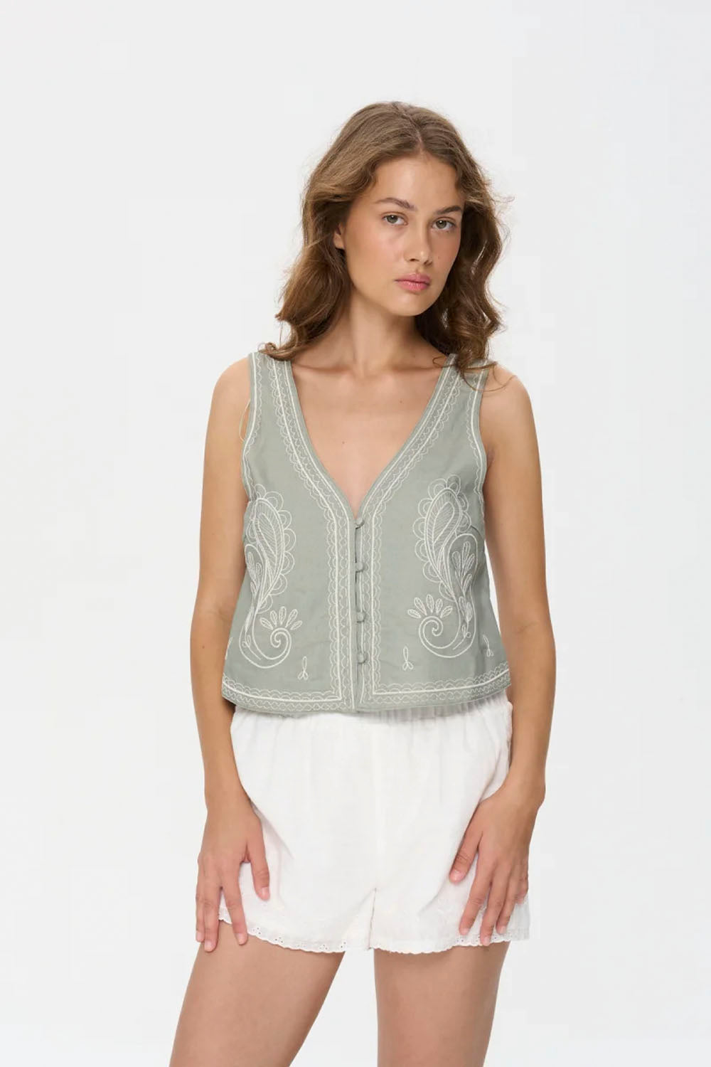 24COLOURS - EMBROIDERED LINEN VEST - GREEN