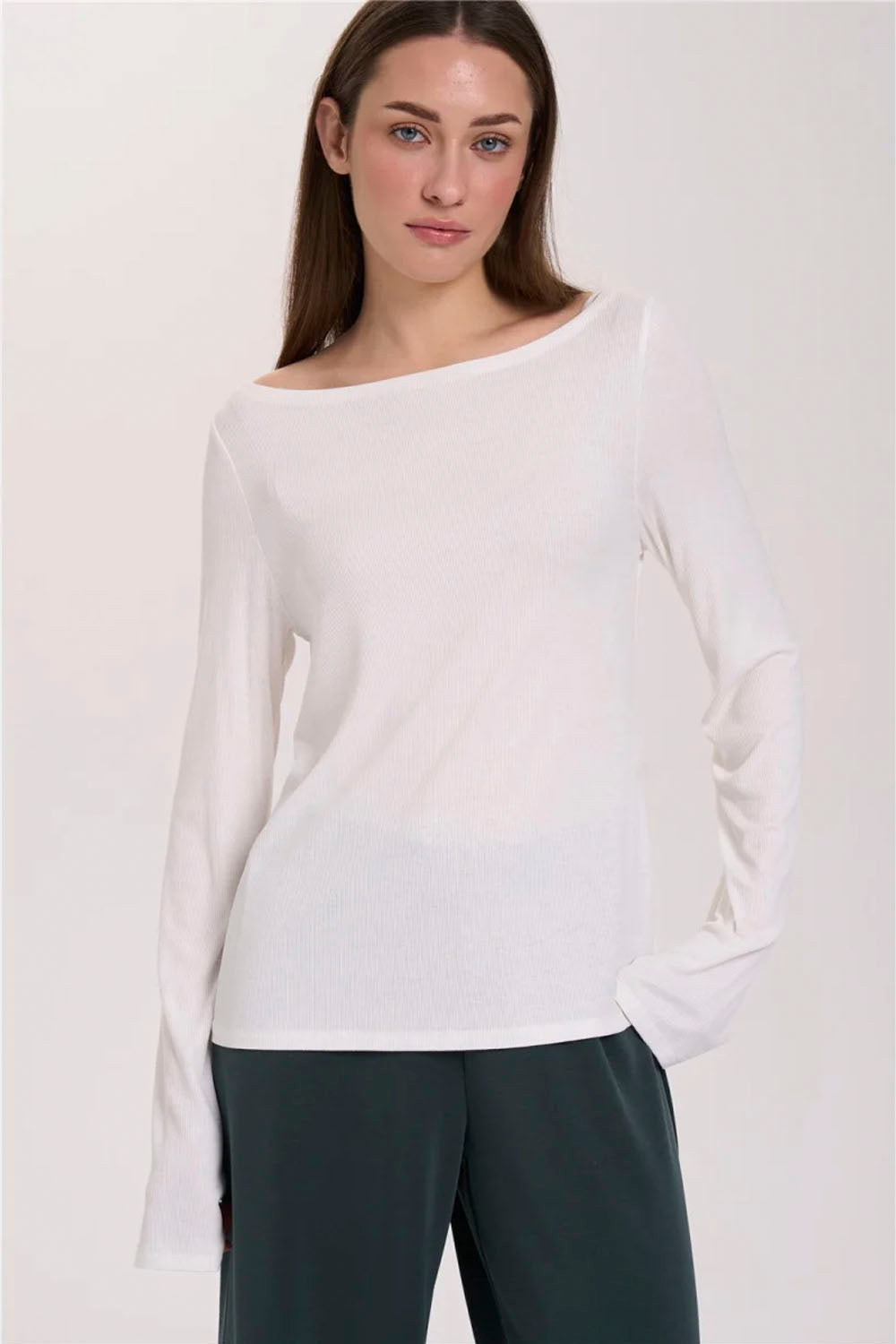 24COLOURS - BOAT NECK LONG SLEEVE T-SHIRT - WHITE