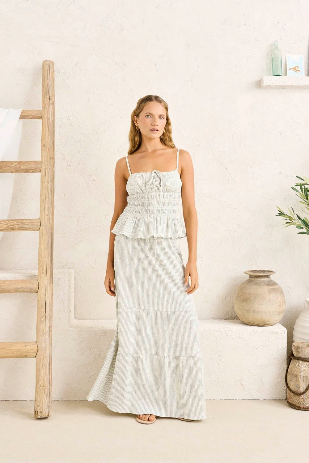 RHYTHM - DRIFTWOOD STRIPE RUFFLE MIDI SKIRT