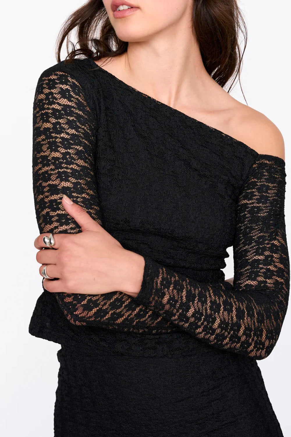 24COLOURS - ASYMMETRIC LACE TOP - BLACK