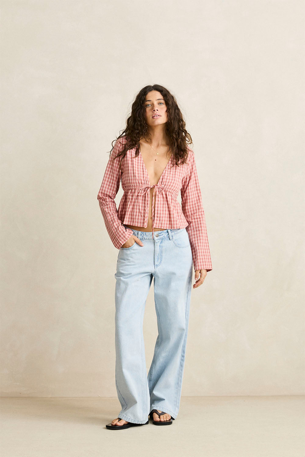 RHYTHM - KIRRA CHECK TIE FRONT LONG SLEEVE TOP