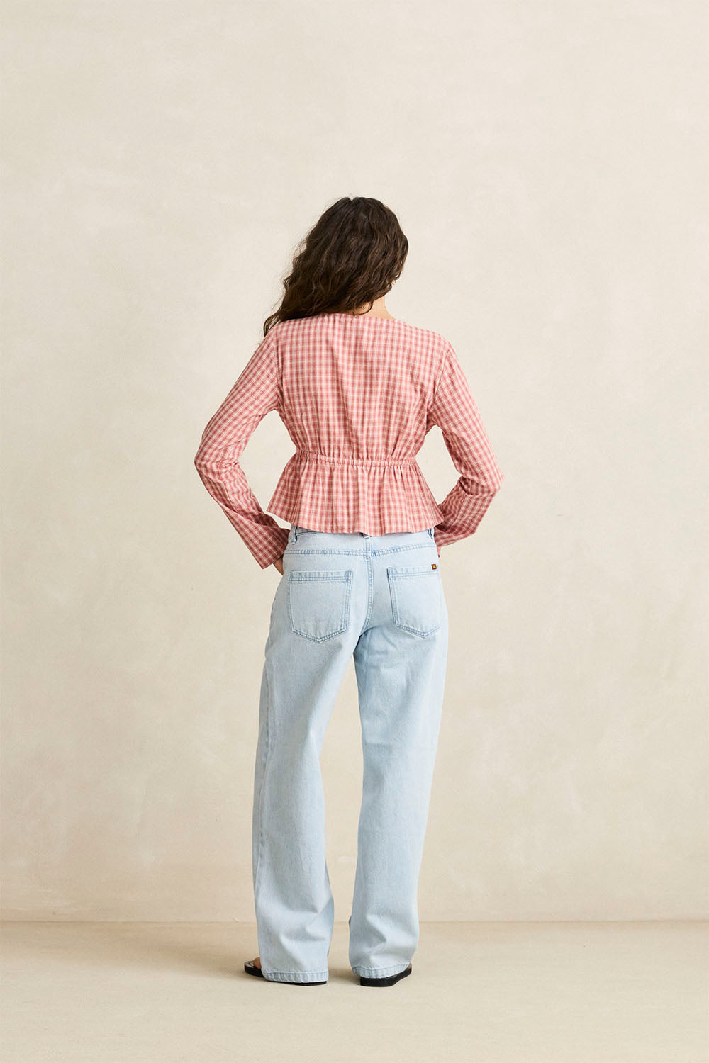 RHYTHM - KIRRA CHECK TIE FRONT LONG SLEEVE TOP